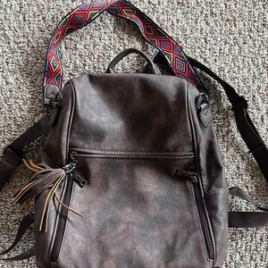 Brown Leather Backpack with Colorful Strap